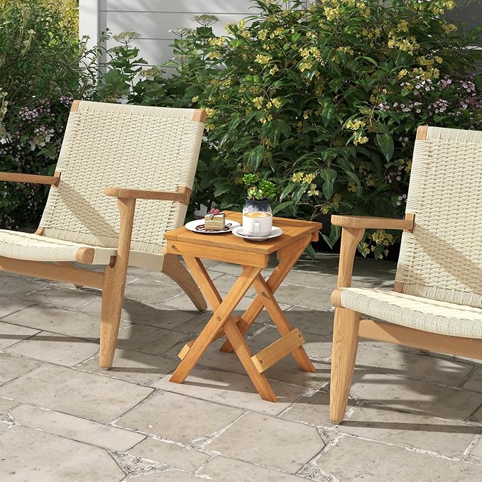 HAPPYGRILL Outdoor Folding Side Table Set of 2, Wood Square End Table with X-Shaped Legs, Slatted Tabletop, 14” Compact Outside Table, Portable & Lightweight Patio Coffee Table