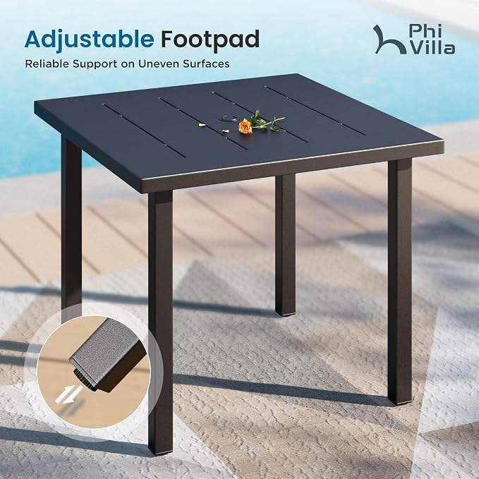 PHI VILLA 5 Pcs Metal Outdoor Table and Chairs,Square Wrought Iron Table | 34.2" Metal Table&Stackable Wrought Iron Chairs, All Weather Large Furniture Set for Patio, Deck, Backyard, Porch