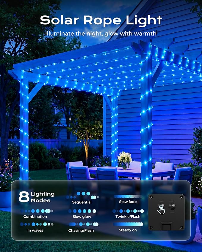Brightown 2 Pack Total 78FT 200LED Blue Solar Rope Lights Waterproof | IP65 waterproof solar fairy lights with 8 lighting modes, solar powered, perfect decor for yard, garden and outdoor tree