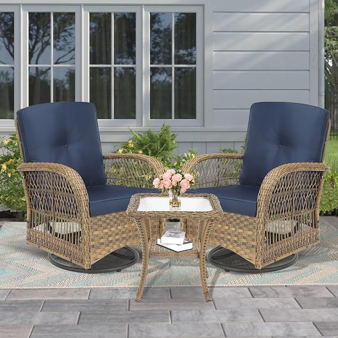 MEETWARM 3 Pieces Outdoor Wicker Swivel Rocker Patio Set, Rocking Chairs Rattan Patio Furniture Sets with Thickened Cushion and Glass-Top Coffee Table, Conversation Bistro Set for Porch (Navy Blue)