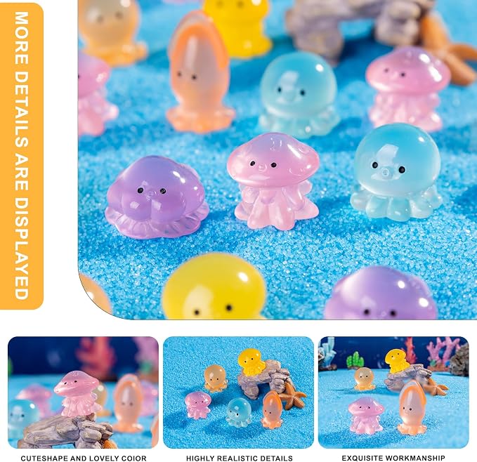 60 PCS 6 Styles Glow in Dark Mini Resin Octopus Figurines, Assorted Luminous Ocean Creature Miniature Dollhouse Accessories, Bulk Tiny Marine Ornaments for Fairy Garden DIY Aquarium Decor