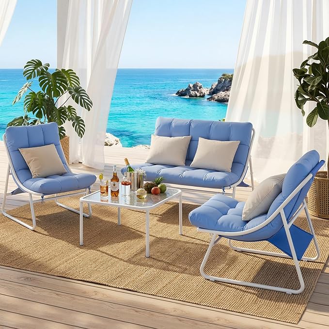 Jocoevol Patio Furniture Set - 4-Piece Outdoor Patio Conversation Set with Cushions & Glass Coffee Table - Dual-Use Metal Sofa Set for Backyard, Garden, Porch, and Poolside in White & Blue