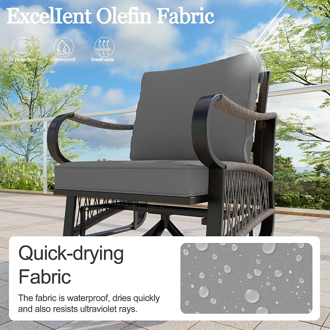 9-Piece Outdoor Furniture Set, Metal Swivel Rocking Chairs with All-Weather Cushions, Patio Conversation Set with Fire Pit Table for Deck, Porch, Garden, Backyard, Poolside (Gray Cushions)