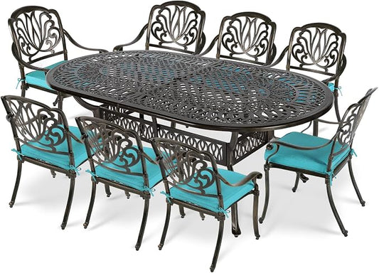 VIVIJASON 9-Piece Outdoor Furniture Dining Set, All-Weather Cast Aluminum Patio Conversation Set, Include 8 Cushioned Chairs and an Oval Table with Umbrella Hole for Lawn Backyard, Ocean Blue Cushion