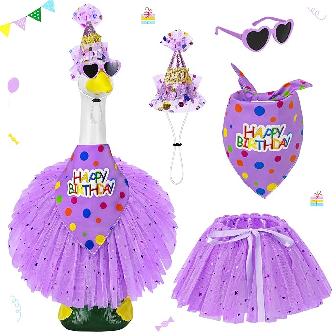 Porch Goose Birthday Outfit, Happy Birthday Goose Outfit Lawn Geese Clothes for 17/23" Cement Geese Statue for Patio (Purple)