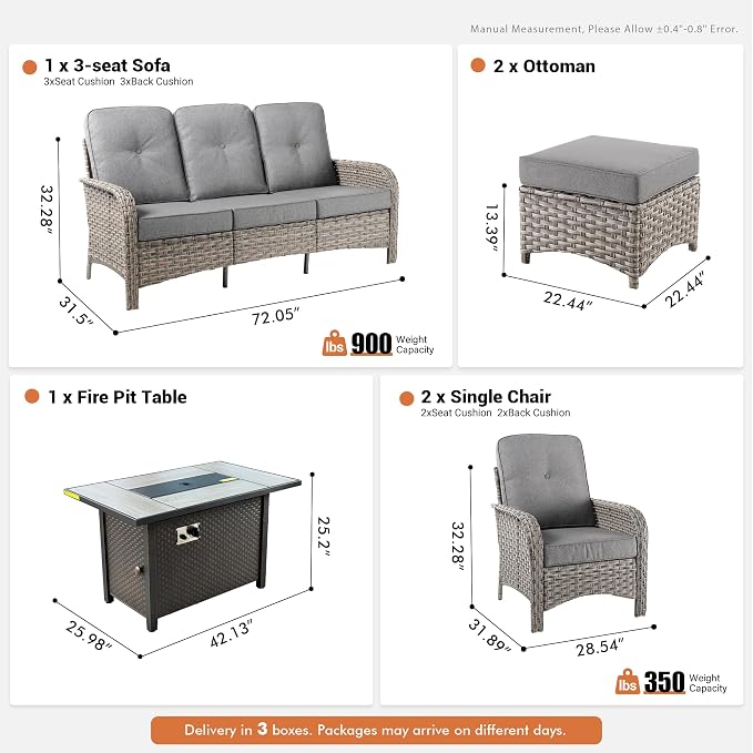 6-Piece Outdoor Patio Furniture Set with Fire Pit Table,All Weather Wicker Rattan Patio Seating Sofa and Chair Set with Ottomans,Outdoor Conversation Sets with 3 Seater Couch for Porch Deck Yard,Grey