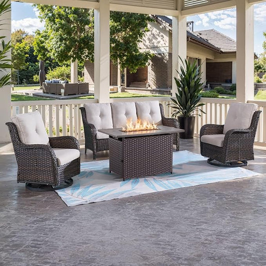 HUMMUH Outdoor Patio Furniture with Fire Pit Table Outdoor Conversation Set PE Wicker Patio Couch Swivel Glider Chairs for Balcony Garden,Lawn,Deck