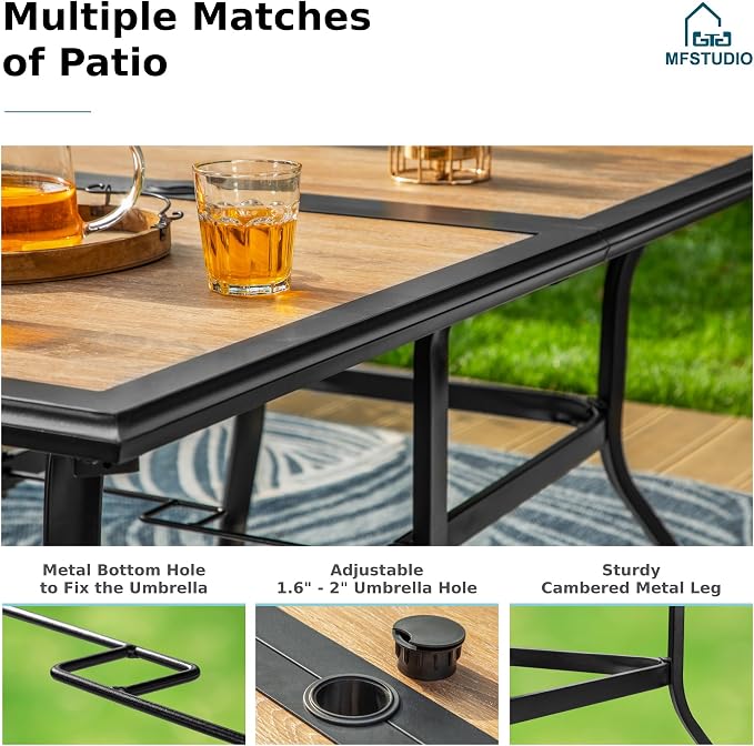 MFSTUDIO Outdoor Dining Set for 6, Patio Dining Set with Umbrella Hole, 7 Piece Outdoor Patio Furniture Set for Deck/Yard/Garden/Poolside
