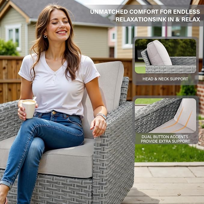 9 Piece Patio Furniture Set with 43-Inch Propane Fire Pit Table, Outdoor Sectional Sofa Set, 5 Seater Modular Wicker Seating with 50000 BTU Fire Table for Deck Backyard Casual Gathering