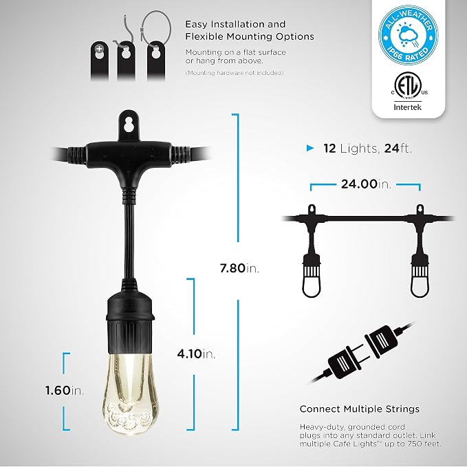 Enbrighten Vintage Outdoor String Lights, 24ft, 12 Bulbs, Remote Control | Coloring Changing LEDs, Weatherproof, Shatterproof Acrylic Bulbs, Drop Cord, Easy Install Keyholes, Linkable up to 750ft