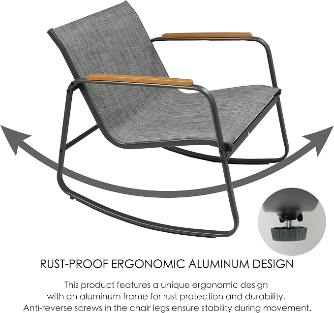 Kozyard 3-Piece Rocking Chair Set, Outdoor Rocking Textilene Bistro Set with Wooden Armrests, Outdoor Conversation Set with Glass Table for Lawn, Porch, Yard, Garden, Balcony, Poolside, Gray