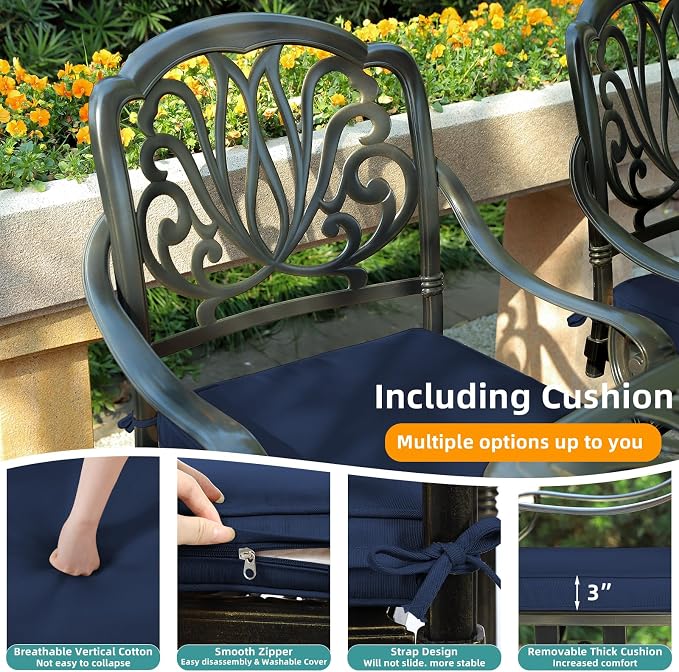 MEETWARM 5-Piece Outdoor Patio Dining Set, All-Weather Cast Aluminum Patio Conversation Set for Backyard Garden Deck with 4 Chairs, 4 Cushions and 35.4" Square Table, 2.2" Umbrella Hole, Navy Blue