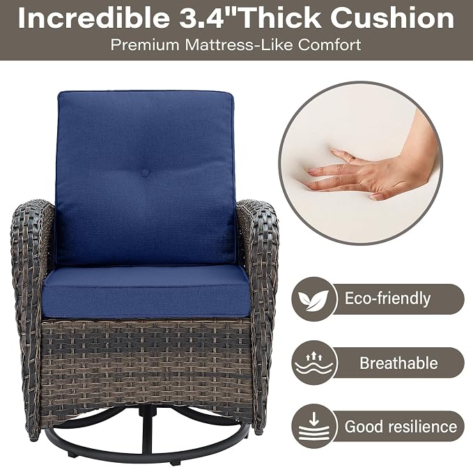 Belord Patio Wicker Chairs Swivel Rocker - Outdoor Swivel Rocking Chairs Set of 2 with Rattan Side Table, Patio Swivel Glider Chair 3 Piece Patio Furniture Sets for Deck Porch Pool Brown/Blue