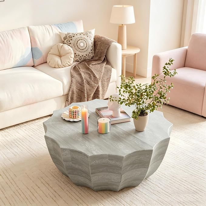 35.43" Round Outdoor Coffee Table, Durable MgO Cement Design – Waterproof for Patio, Garden & Living Room, Stylish & Low-Maintenance (Marble white-11-35.43")