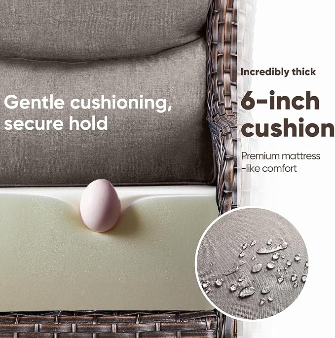 Swivel Patio Chairs sofa Set of 7 - 6" Thick Cushion - Wicker Outdoor Swivel Rocker Patio Chair ,Sofa/Glass coffee table, High Back Comfortable Outdoor Glider Chairs - Brown Wicker | Grey Cushions