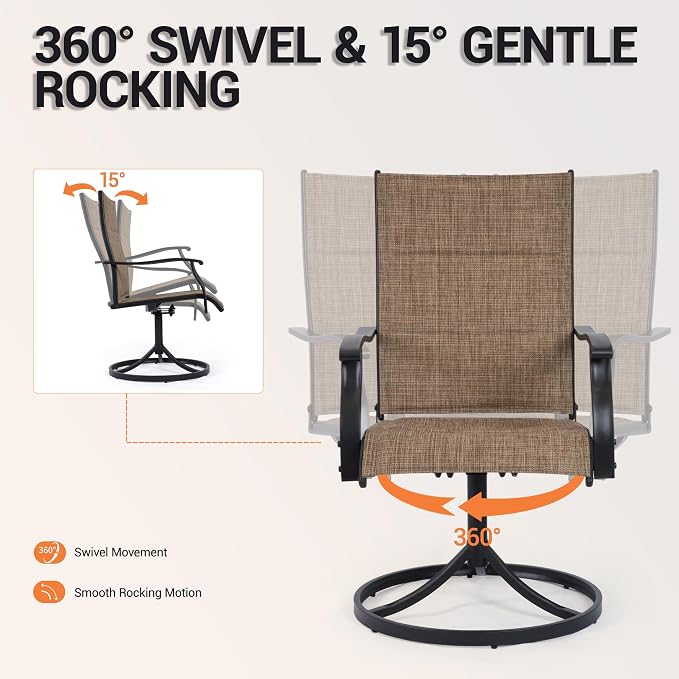 Patio Swivel Rocker Chairs Set of 4,Outdoor Dining Chairs High Back,15° Gentle Rocking Patio Chair with Padded Textilene, Metal Frame for Poolside Lawn Garden,Brown(4 PCS)