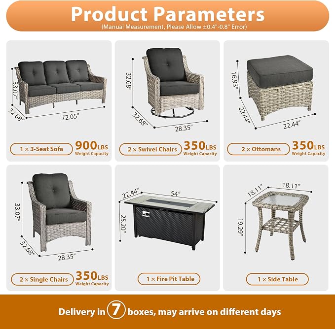 9 PCS Outdoor Patio Furniture Sets,Patio Conversation Sets Outside Rattan Soft Cushion Sofa with 2 Wicker Rocking Chairs & 54 in Fire Pit Table Fit Backyard Porch Garden Poolside Balcony,Black