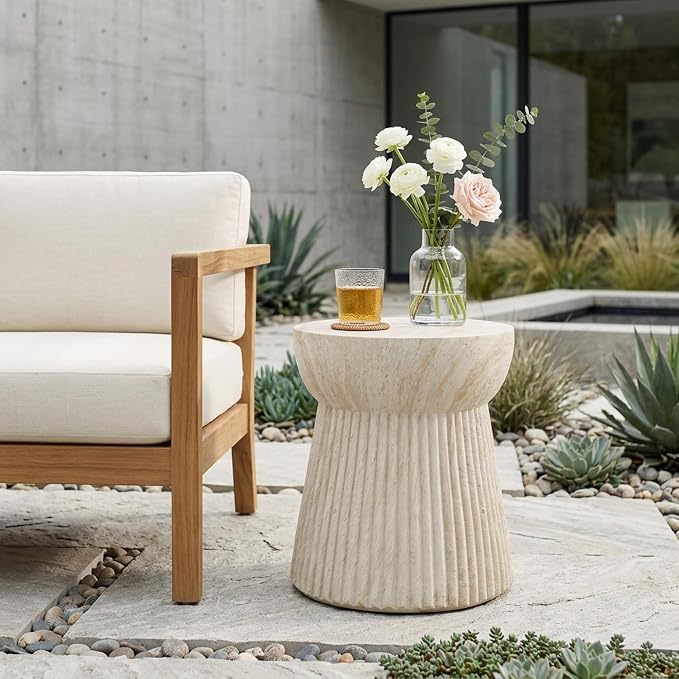 Outdoor Side Table Faux Marble End Table Faux Stone Side Tables Travertine Small Coffee Tables for Indoor Outdoor, Garden Stool Plant Stand for Porch, Backyard Patio, 15"*15"*16.75"-Beige