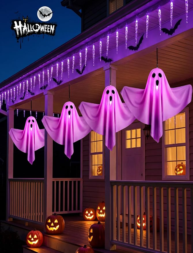 11.5FT Halloween Ghost Pathway Lights Outdoor, 4 Pack Purple Walkway lights | Shatterproof, Waterproof, Plug in and Hanging Ghost lights, Halloween Decorations Outdoor for Lawn Driveway Garden Yard Decor