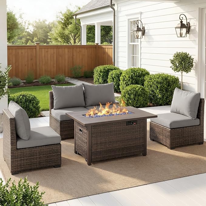 5 Pieces Patio Furniture Set with Fire Pit Table, Outdoor PE Rattan Sectional Sofa with Soft Cushions for Backyard, Porch, and Poolside (Gray, 5 PCS w/Firepit)