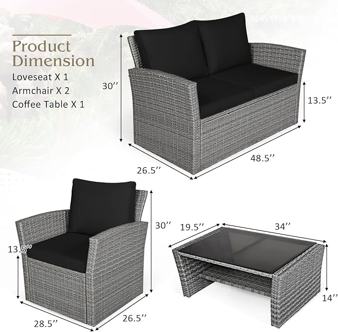 COSTWAY 4 Pieces Patio Rattan Furniture Set, Outdoor Wicker Sofa Set with Tempered Glass Coffee Table, Cushions, All Weather Rattan Conversation Set for Yard Balcony Backyard Pool (Black)