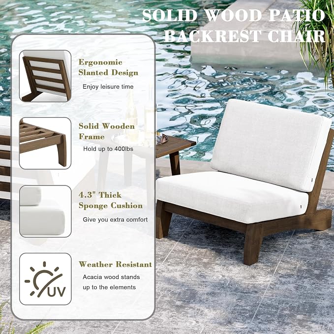 3 Piece Wood Outdoor Chairs Patio Bistro Set with Side Table, All Weather Outdoor Furniture Patio Sofa Chair Backyard Seating Group - Beige