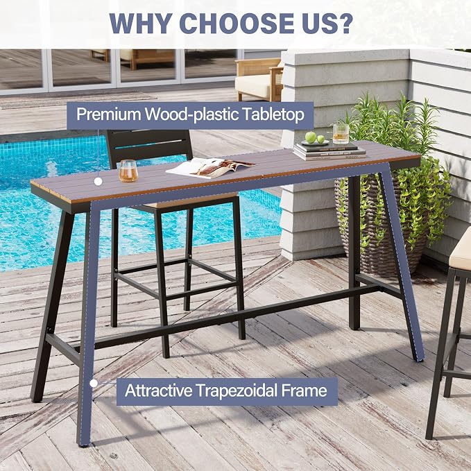 Crestlive Products Outdoor Bar Table, Hot Tub Table, 63'' Patio Bar Height Table with Weather Resistant Waterproof Top for Balcony, Bistro, Garden, Backyard, Poolside, Indoor (Brown)