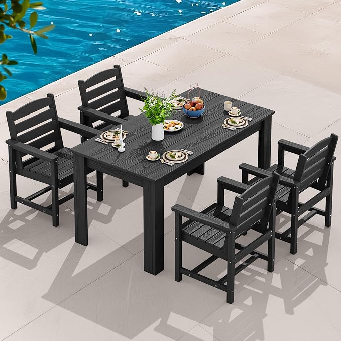 SERWALL 59" HDPE Outdoor Dining Set for 4, w/ 1 Table & 4 Armchairs, Black | All Weather Resistant HDPE Dining Sets for Patio, Garden, Backyard