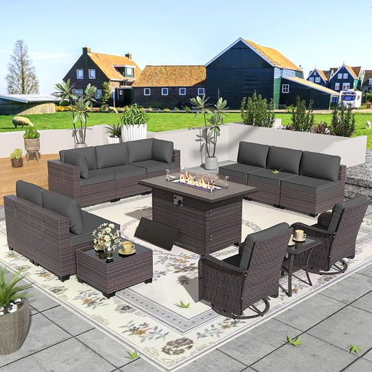 Patio Furniture Set with Fire Pit Table 13 Pieces Outdoor Swivel Rocking Chairs Sofa Set,PE Rattan Wicker Patio Conversation Set w/43in 55000 BTU Propane Fire Pit Table,Grey