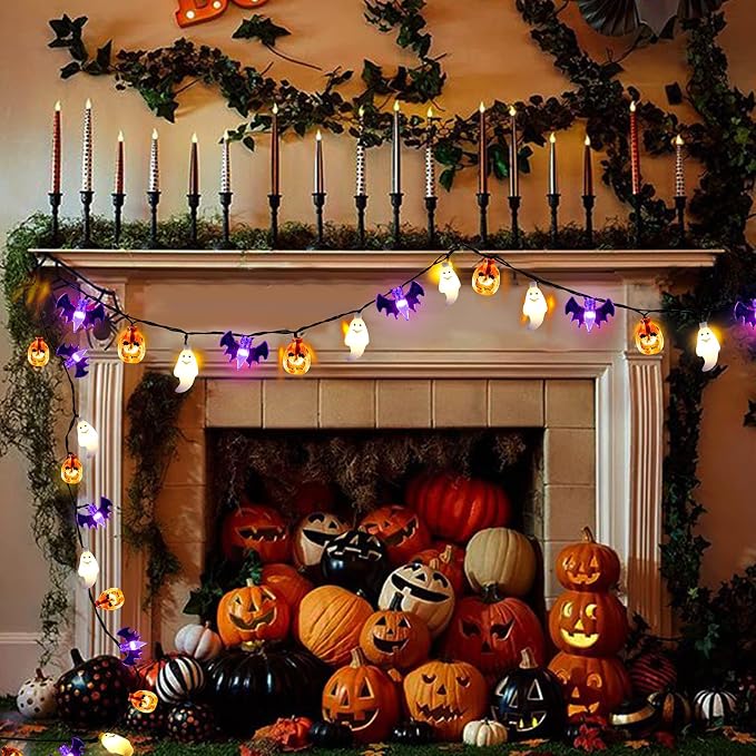 Mosoan Halloween Lights, 20Ft 30 LED Pumpkin Ghost Bat String Lights Battery Operated with Timer, 8 Light Modes Halloween Fairy Lights for Indoor Outdoor Party Home Yard Window Decor