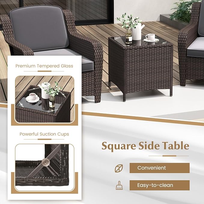 Tangkula 3 Pieces Outdoor Patio Furniture Set, Patiojoy PE Rattan Wicker Chairs with Cushions and Tempered Glass Coffee Table, Outdoor Wicker Conversation Bistro Set for Porch, Balcony, Garden (Gray)
