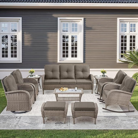 10-Piece Patio Furniture Set-Patio Rocking Chairs Set of 4 Outdoor Rattan Sofa Sets with Coffee Table Outdoor Patio Furniture Sets for Deck Porch Garden Balcony Poolside-Grey/Grey