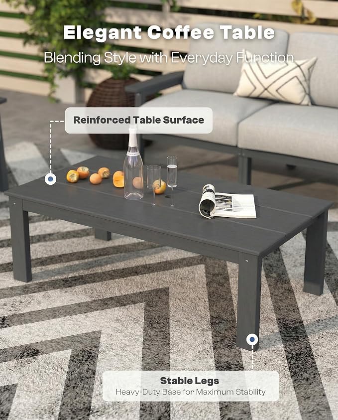 HDPE 7 Piece Patio Furniture Set, HDPE Outdoor Sectional with with Gray Thick Cushions, Coffee Table and Side Table, Patio Conversation Sets for Lawn, Garden, Porch (Gray Frame)