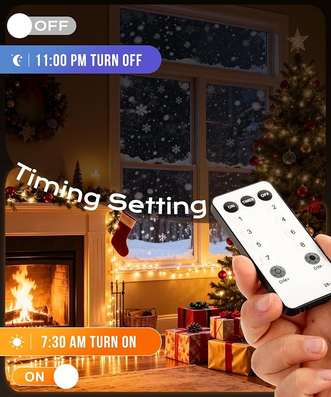 66ft 100 LED Warm White Christmas Fairy String Lights, Remote | 8 modes with timer function; perfect for indoor or outdoor house, bedroom & room aesthetic decoration or holiday party decor.