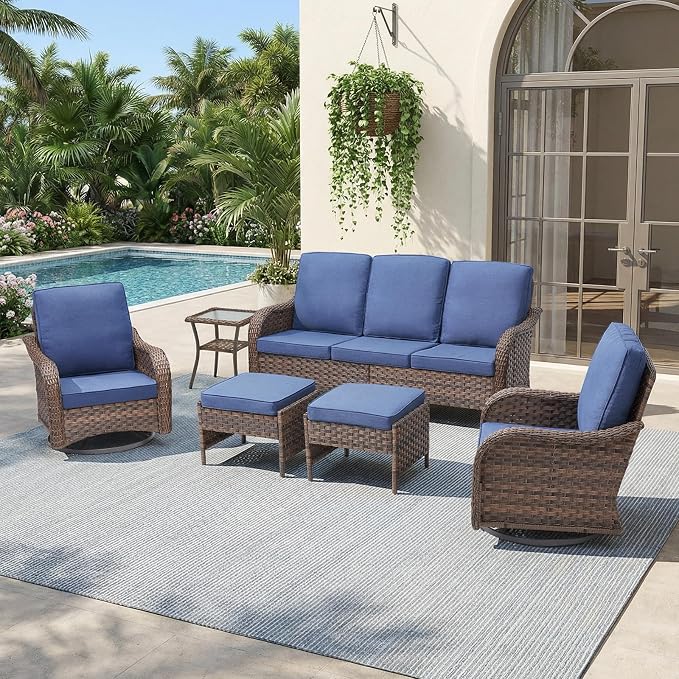 Patio Furniture Set - 6 Pieces All Weather Wicker Outdoor Furniture with 2 Swivel Chairs, 2 Ottomans, 1 Sofa and Side Table, Ergonomic Design for Porch, Deck, Balcony, Garden, and Backyard(Blue)