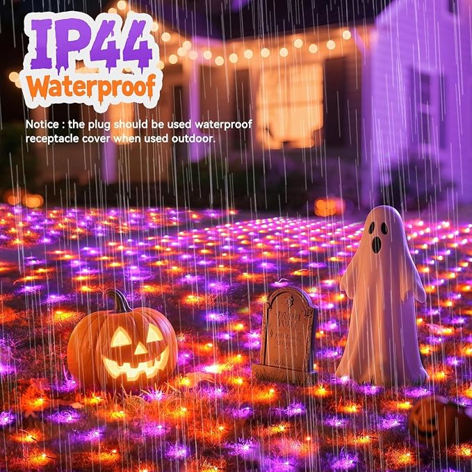 Orange and Purple Halloween Net Lights Outdoor, 15x 5ft Green Wire | 300 LED Large Net Mesh Lights Plug in, 8 Modes Waterproof Connectable Bushes Lights for Halloween Hedge Yard Decor