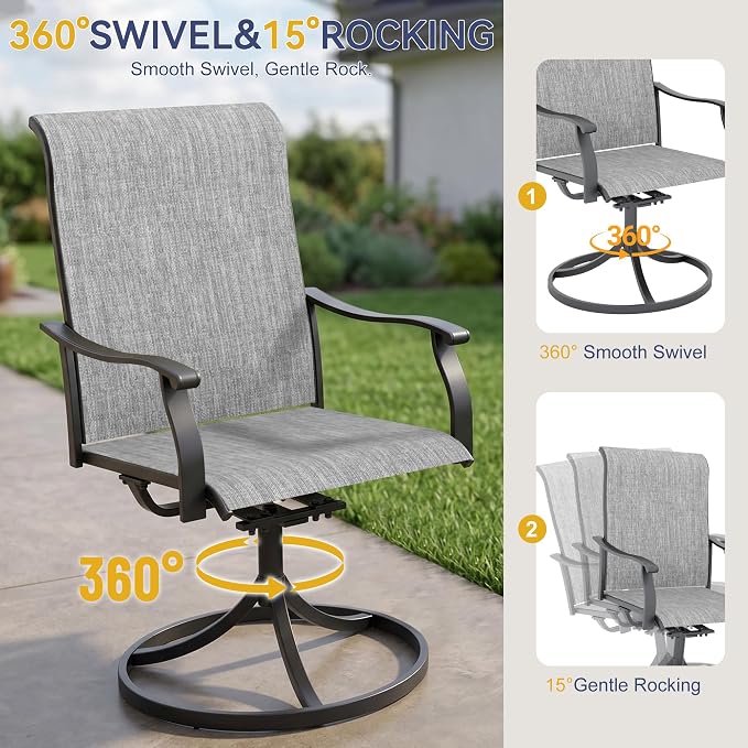 Anmutig 7-Piece Patio Dining Set, Outdoor Furniture 6 Sling Dining Swivel Chairs and Steel Frame Slat Larger Rectangular Table with 1.57" Umbrella Hole for Backyard, Grey