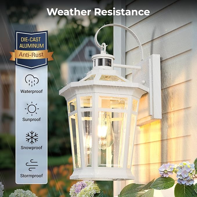 VIANIS Motion Sensor Outdoor Light fixtures Wall Mount, Large Aluminum Dusk to Dawn Outdoor Wall Lantern, White Waterproof Porch Lighting, Modern Exterior Lighting Fixtures for Patio, House