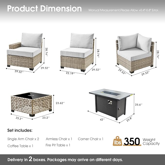 Outdoor Sectional Patio Furniture Set with Fire Pit,7 Pieces Rattan Conversation Sets,Out Door L Shaped Furniture with Glowing Coffee Table,Light Grey