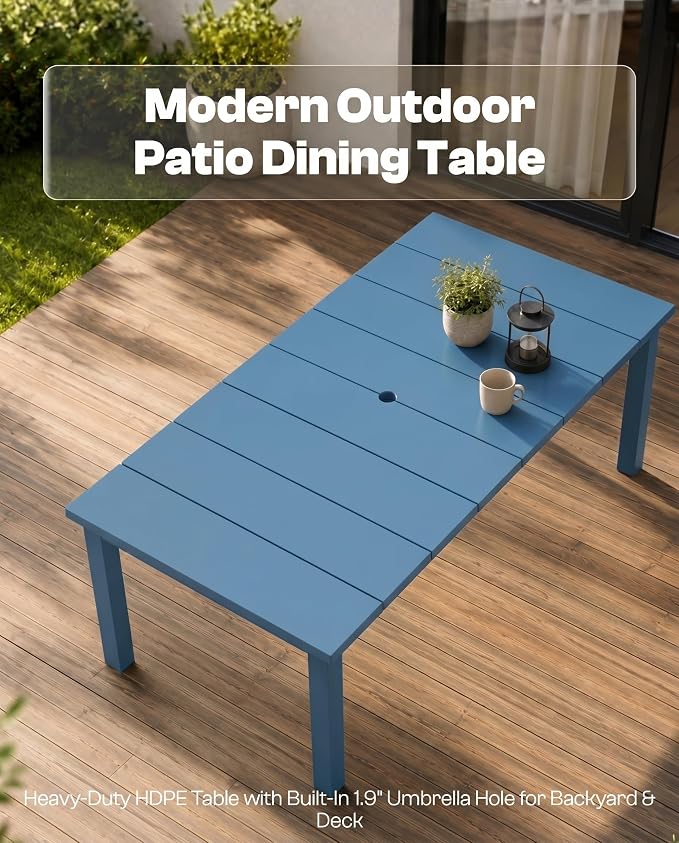 75.2" HDPE Outdoor Dining Table for 4-6 People, Rectangular Patio Dining Table with Umbrella Hole, All Weather Patio Dining Outdoor Table for Deck, Backyard and Garden, Navy Blue
