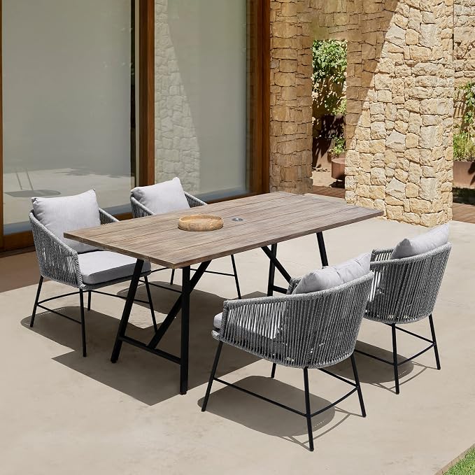 Armen Living Koala Outdoor Patio Light Eucalyptus Wood and Metal Rectangle Dining Table