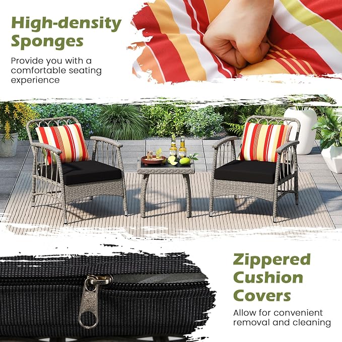 Tangkula 3 Pieces Patio Wicker Furniture Set, 5-Level Adjustable Backrest Cushioned Outdoor Conversation Bistro Chairs and Coffee Table Set, for Lawn, Garden, Poolside and Balcony (Mix Grey)