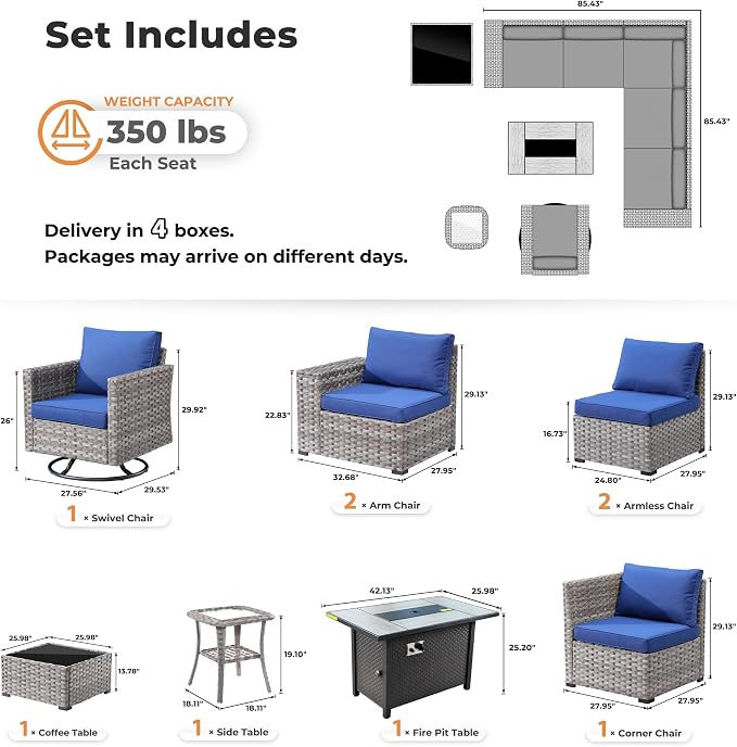 ovios 9 Pieces Patio Furniture Set, Outdoor Wicker Sectional Sofa with 42" Firepit Table Swivel Chair, Modern Modular Deep Seat Rattan Couch Conversation Sets, Navy Blue