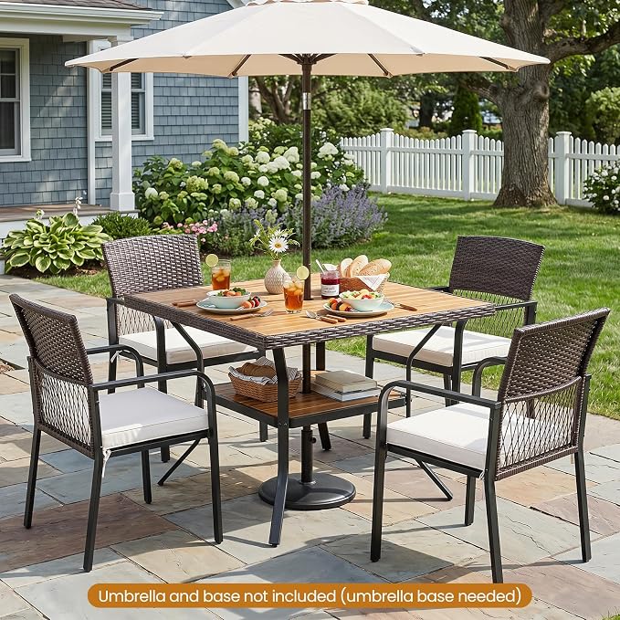 Tangkula 37" Square Wood Patio Dining Table for 4, Metal Frame Outdoor Wicker Table with Acacia Wood Tabletop, 2" Umbrella Hole, Bottom Shelf, Outside Table for Backyard, Garden, Deck, Poolside