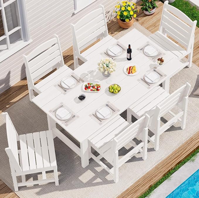 SERWALL 7-Pc HDPE Patio Dining Set, 1 Table & 6 Armless Chairs, White | HDPE Outdoor Dining Set with Rectangular Table & 6 Armless Chairs, All-Weather Resistant SERWALL Dining Set for 6