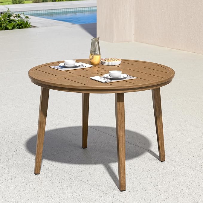 41" Round Outdoor Dining Table, Never-Rust Aluminum Patio Dining Table with Umbrella Hole, Round Patio Table for 4, Outdoor Round Dining Table for Backyard, Deck, Gardens, Teak