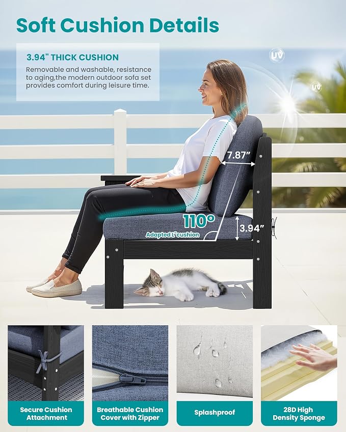 SERWALL 9 Pieces Patio Furniture Set, HDPE Outdoor Sectional Sofas, Outdoor Couch Set with Cushions and Coffee Table, Extra-Large Modular Conversation Set for Garden, Black Frame with Grey Cushion