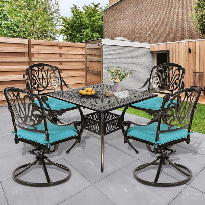 5 Piece Patio Dining Set, Outdoor Table and Chairs Set for 4 Cushioned Swivel Rocking Chairs and 35.4'' Square Table, All-Weather Cast Aluminum Patio Funiture Set, 2.2'' Umbrella Hole, Blue