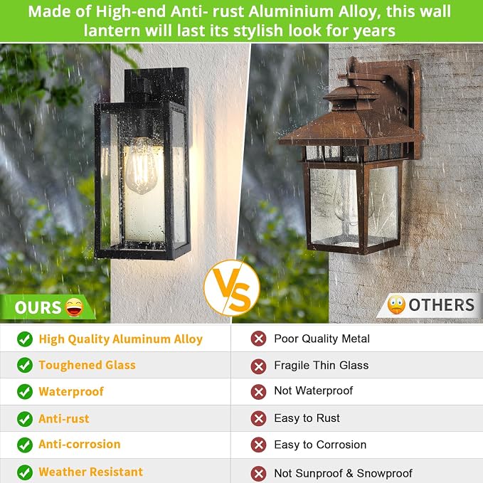MAXvolador Outdoor Wall Sconce, Exterior Waterproof Wall Lantern Light Fixtures, Black Porch Lights with Toughened Glass Shade, Anti-Rust E26 Socket Front Door Mount Lighting, 2 Pack | Black Porch Wall Lights, Anti-Rust, E26 Socket, Clear Glass Outside...
