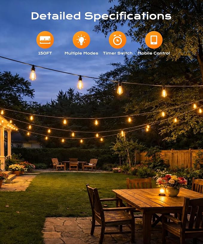 Outdoor String Lights, 150 FT Patio Lights for Outside | Smart App & Remote Control with Timer, Dimmable with 4 Scene Modes, Warm White Waterproof LED Bulbs for Garden, Yard Decor